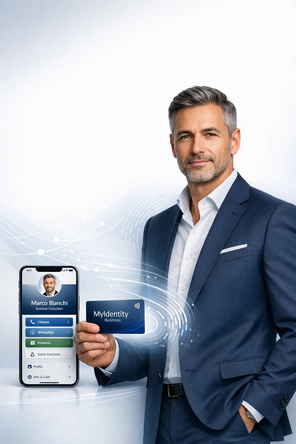 Professionista uomo con card e smartphone